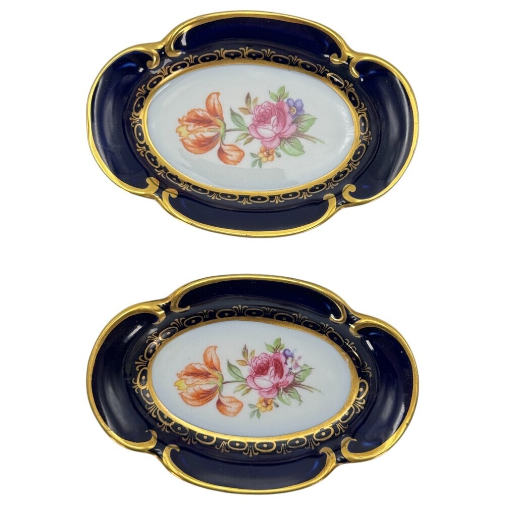 2 Porcelain Trinket Dish Echt Kobalt Cobalt Blue Gold Germany Decorative Flower